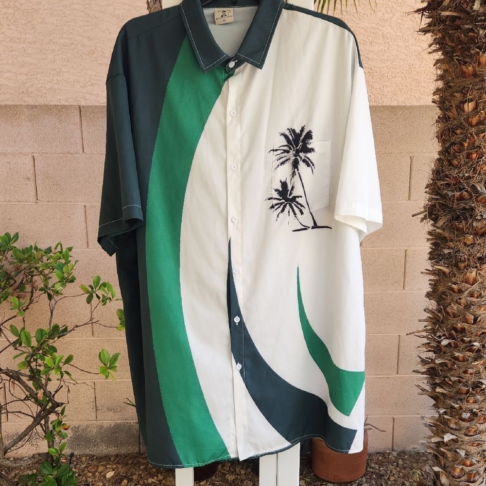 ALOHAS Green and White Hawaiian Casual Button Down Shirt Mens 3XL